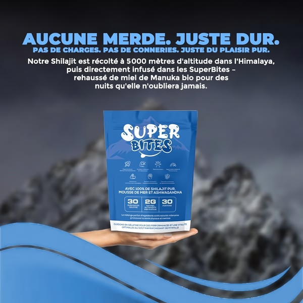 A direct-response, text-heavy creative for Shilajit gummies featuring a Himalayan mountain background and a hand-held product shot.